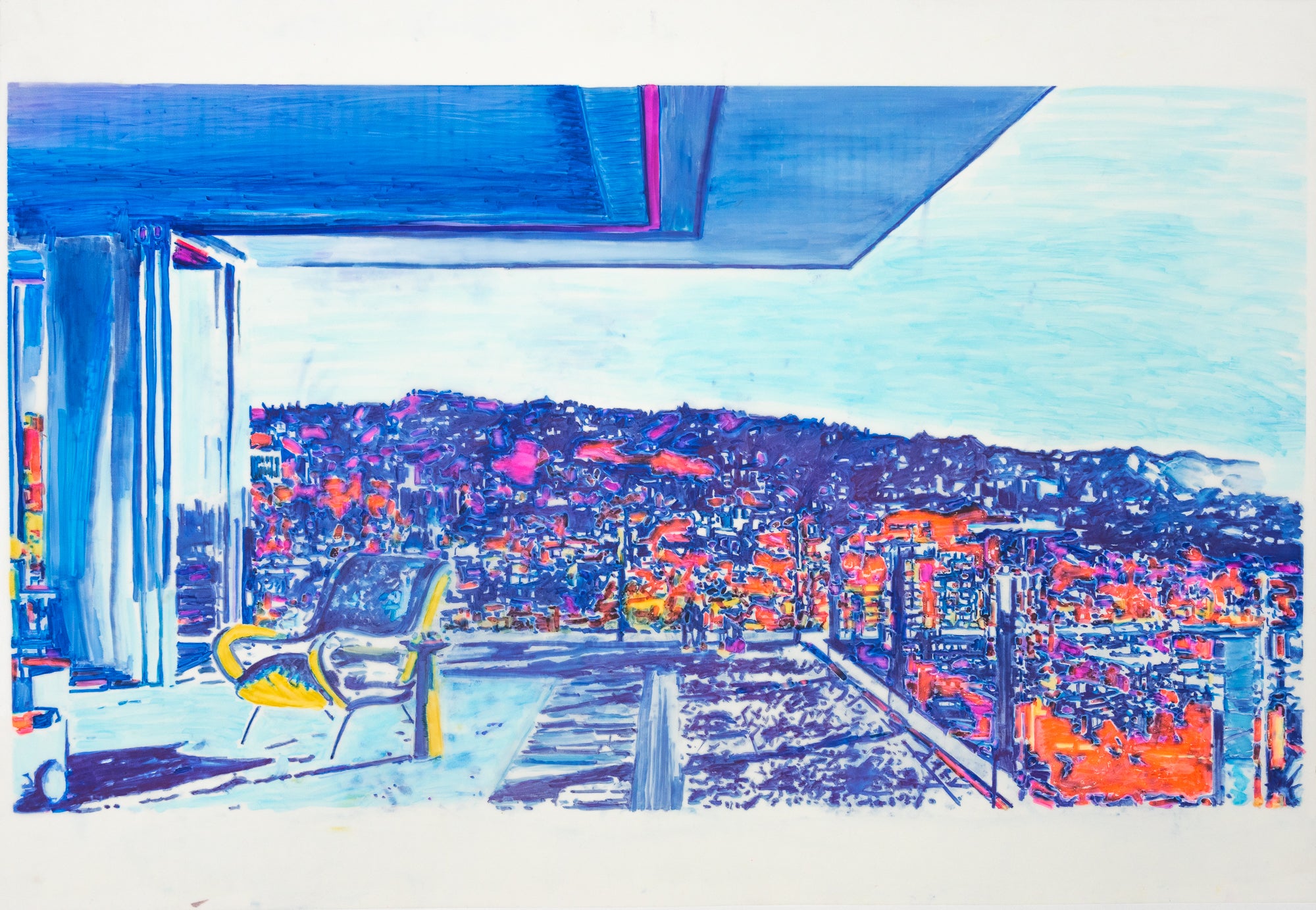 Abstract Contemporary Digital Figurative Psychedelic Surrealism 'ONELA (ROOF DECK WITH CHAIR AND HILLS)' Michael Shaw