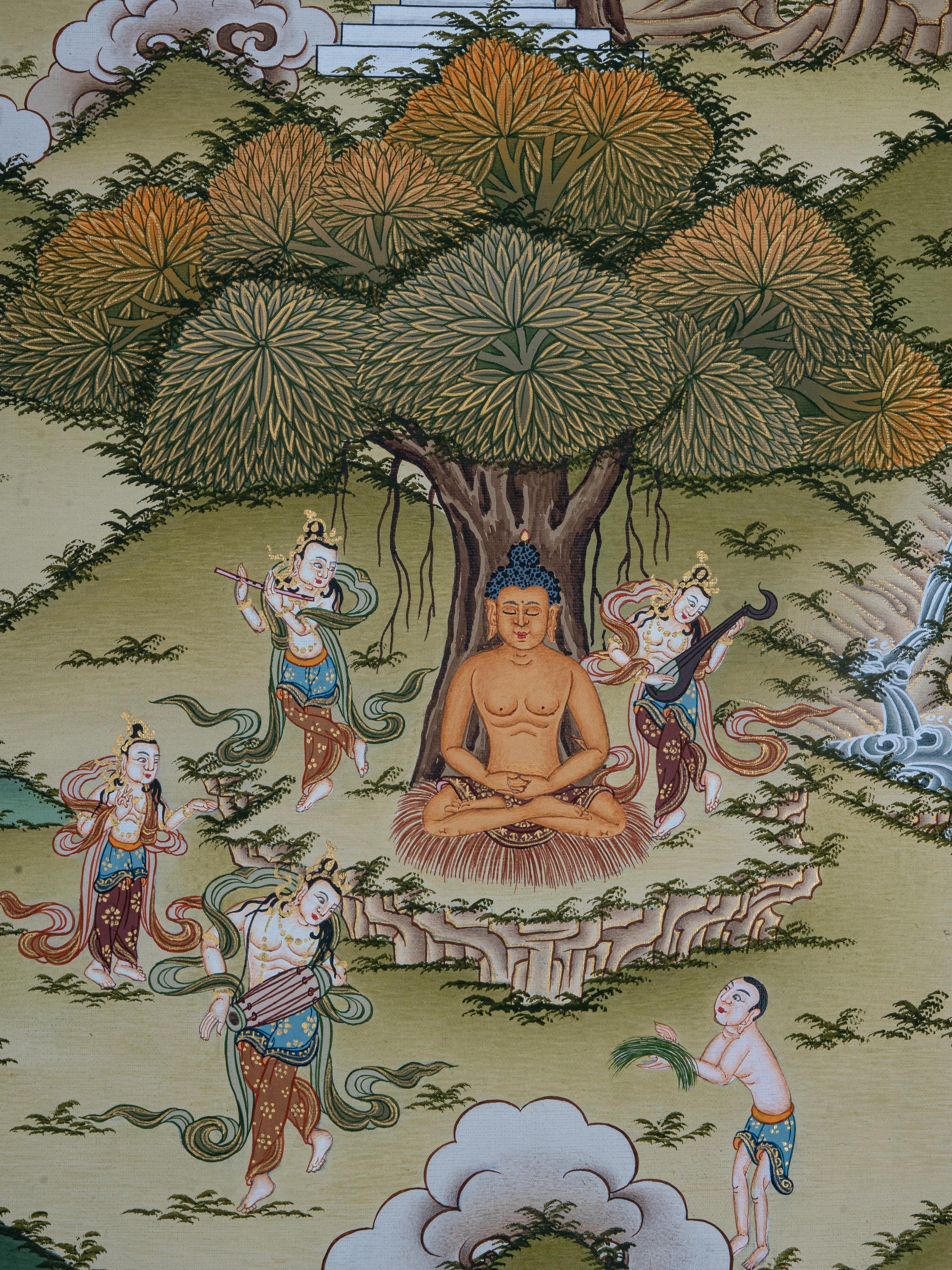 Design Figurative Painting Psychedelic Thanka Visionary 'LIFE OF BUDDHA' Boudha Stupa Thanka Center