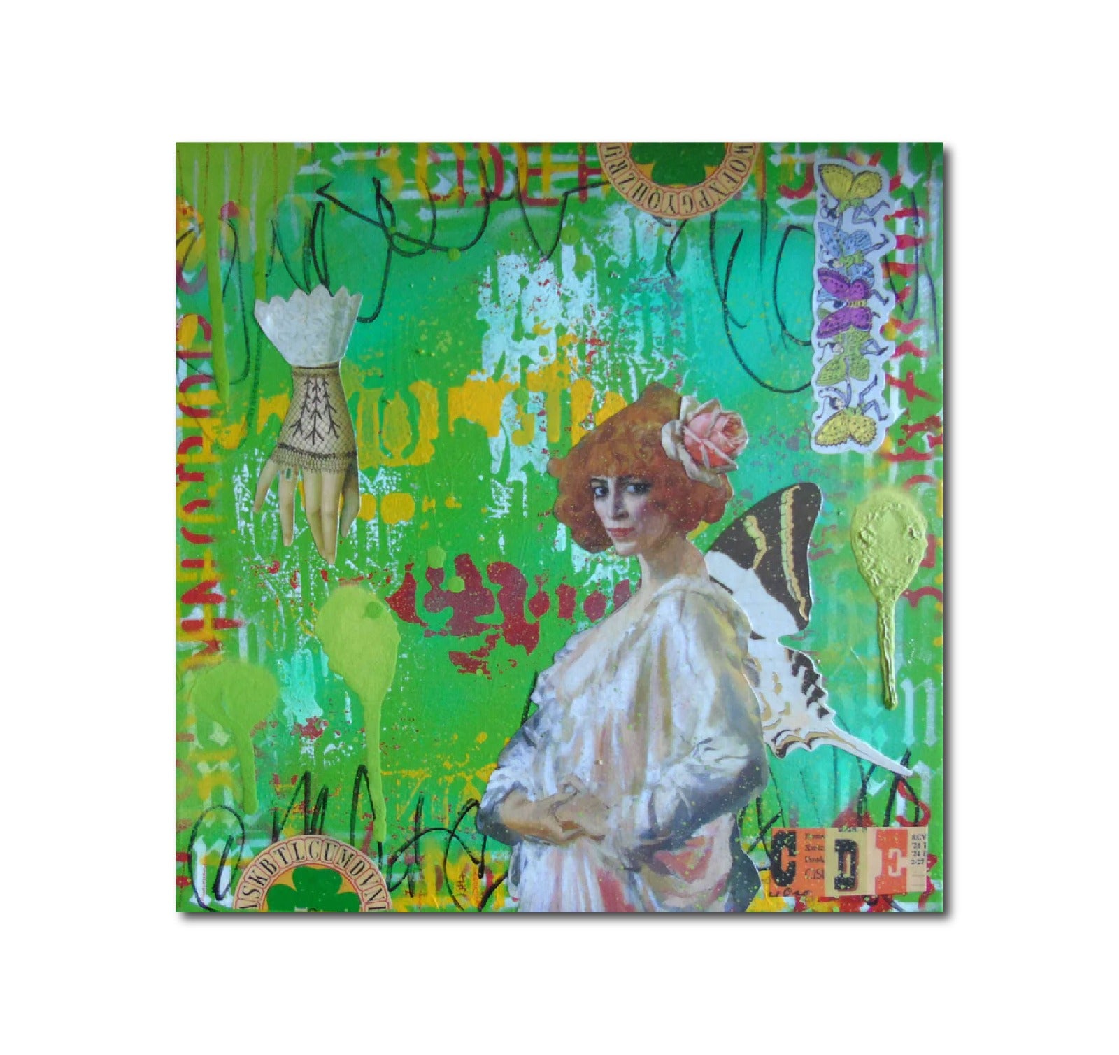 Abstract Acrylic Collage Contemporary Expressionist Figurative Surrealism Visionary 'CASATI BUTTERFLY' - Mixed media on canvas Lorette C. Luzajic