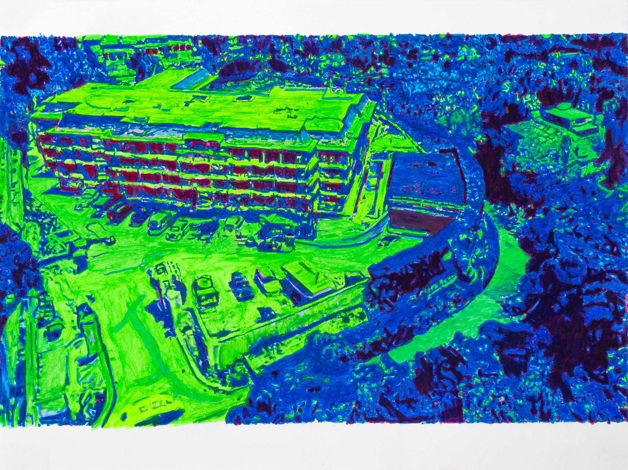 Abstract Contemporary Digital Figurative Psychedelic Surrealism '630 NIMES ROAD, CORNER W PARKING LOT' Michael Shaw