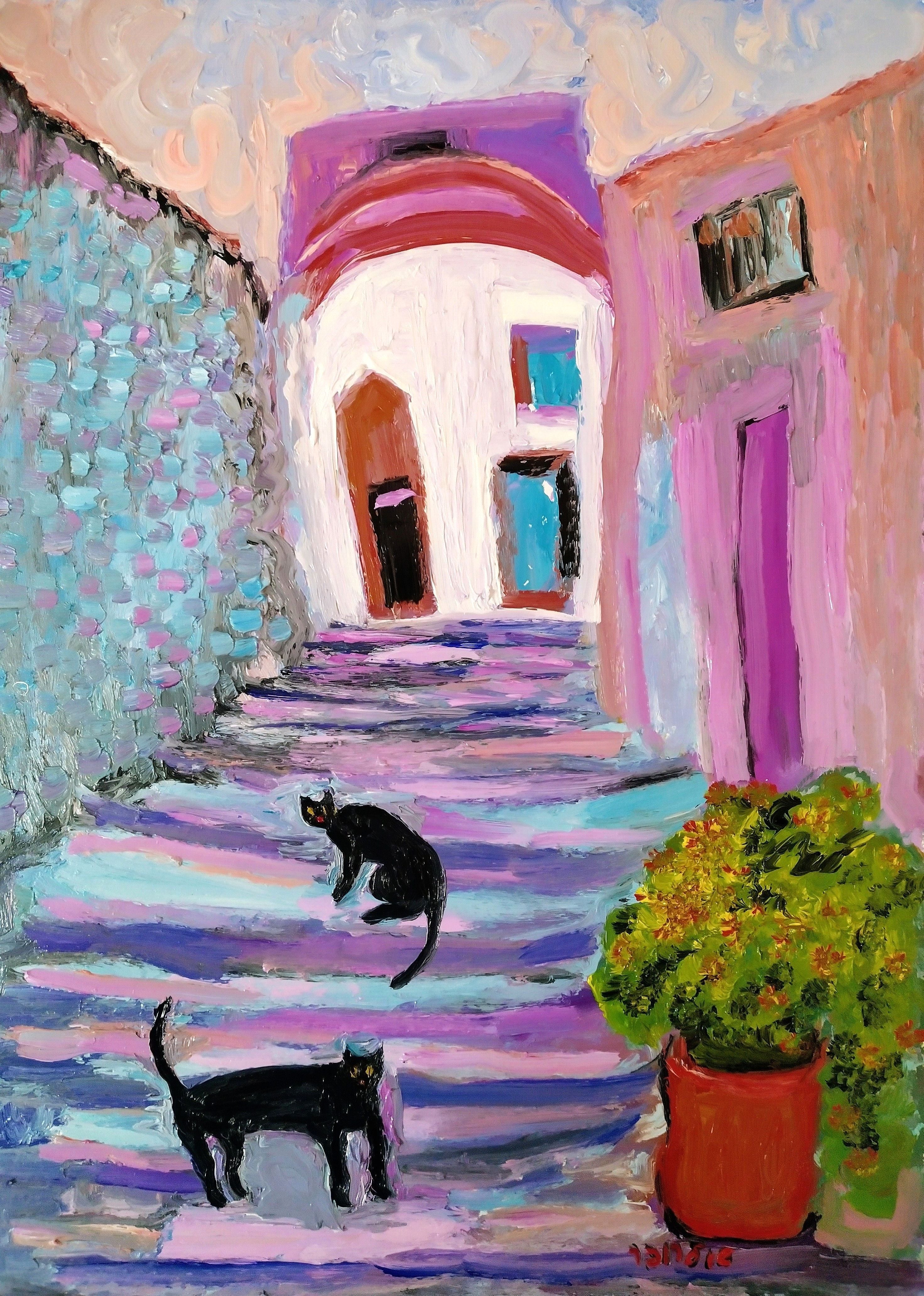 Landscape 'CATS IN THE STREET' - Oil Painting Janna Shulrufer