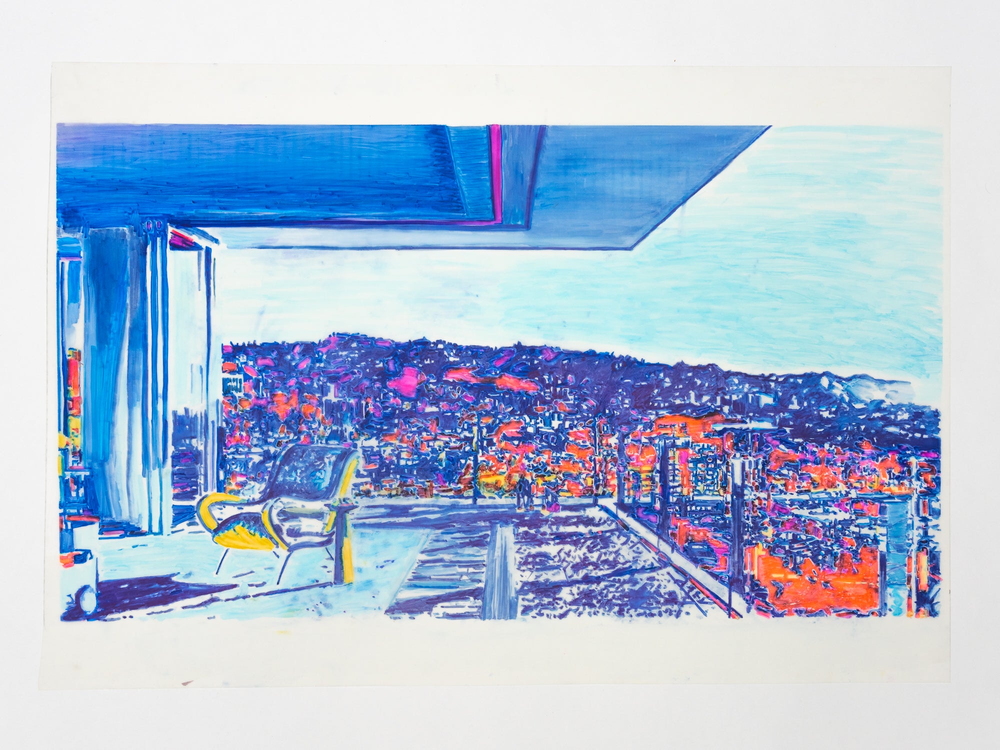 Abstract Contemporary Digital Figurative Psychedelic Surrealism 'ONELA (ROOF DECK WITH CHAIR AND HILLS)' Michael Shaw