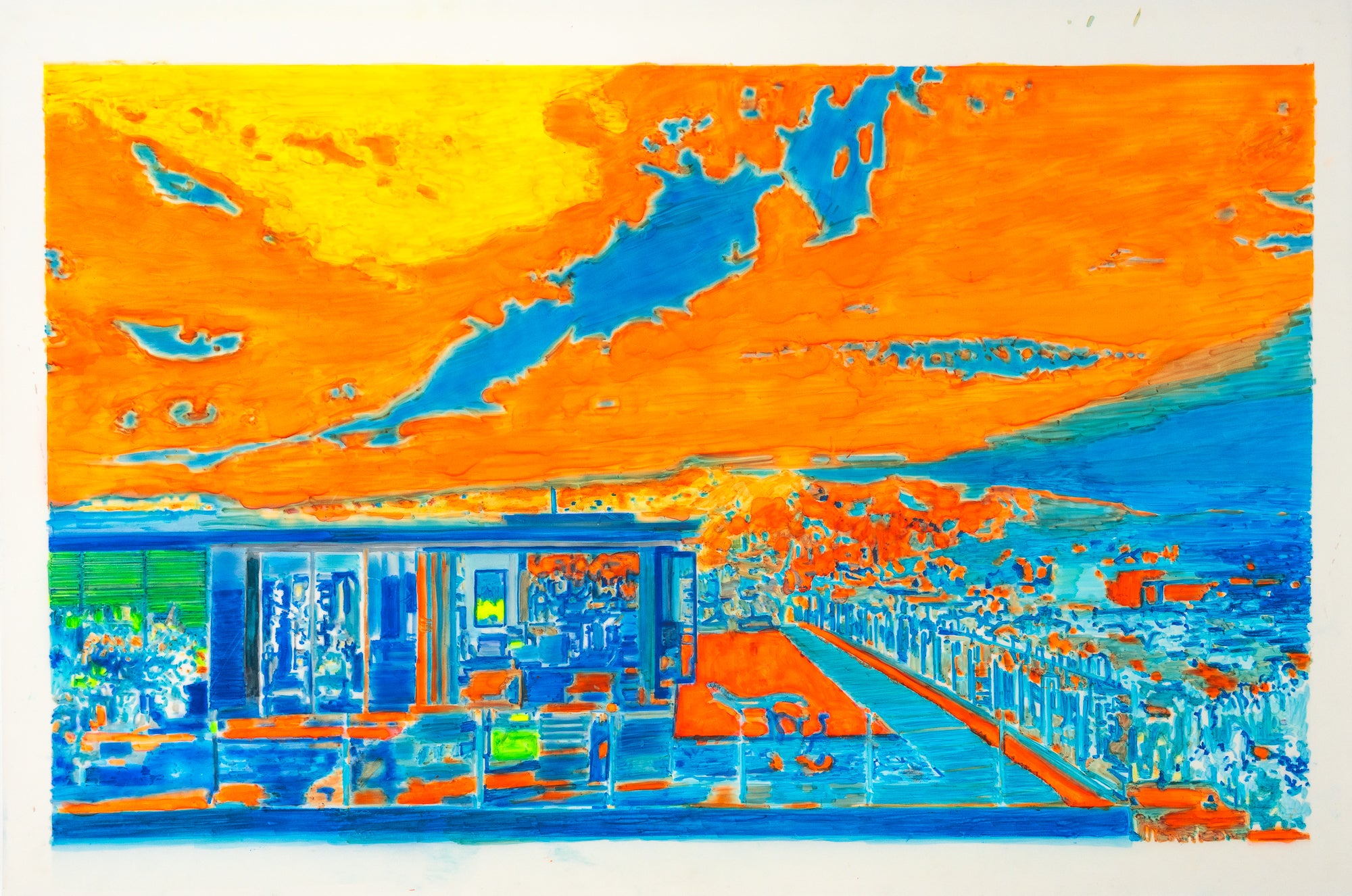 Abstract Contemporary Digital Figurative Psychedelic Surrealism 'ONELA (ROOF DECK WITH POOL, TRANSPARENCY)' Michael Shaw