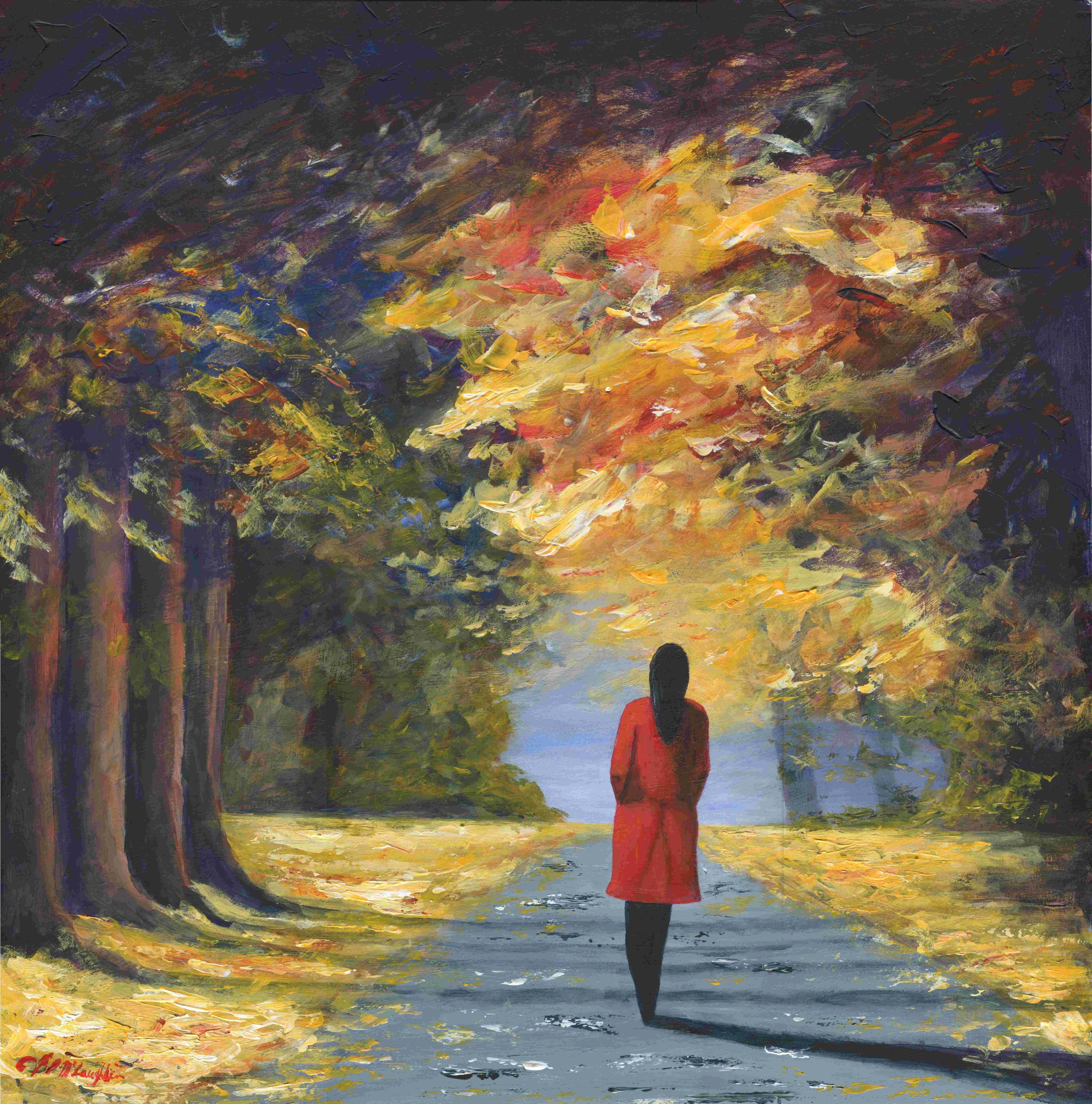 Acrylic Figurative 'RED COAT AUTUMN' - Acrylics on primed board J. P. McLaughlin