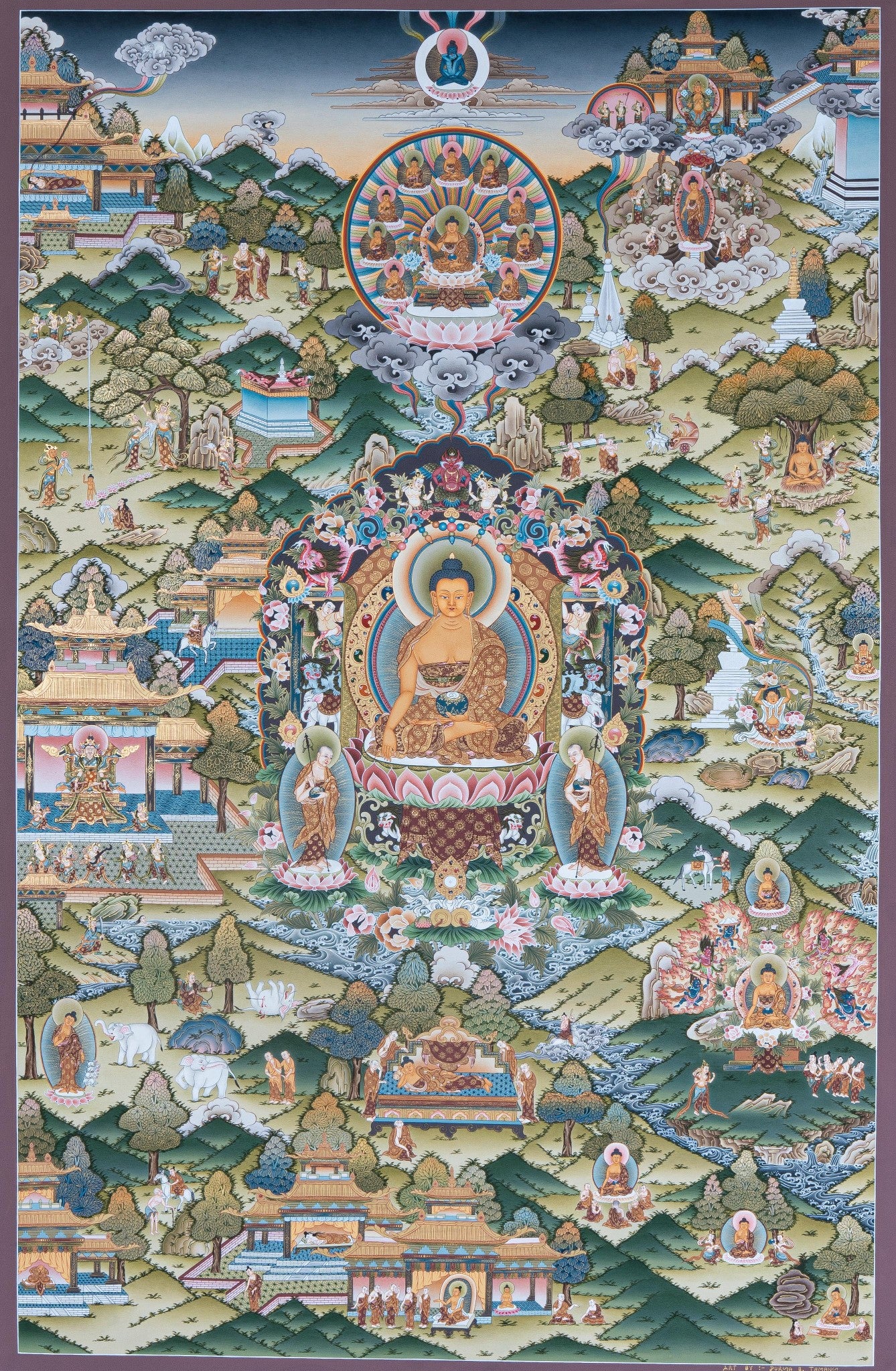 Design Figurative Painting Psychedelic Thanka Visionary 'LIFE OF BUDDHA' Boudha Stupa Thanka Center