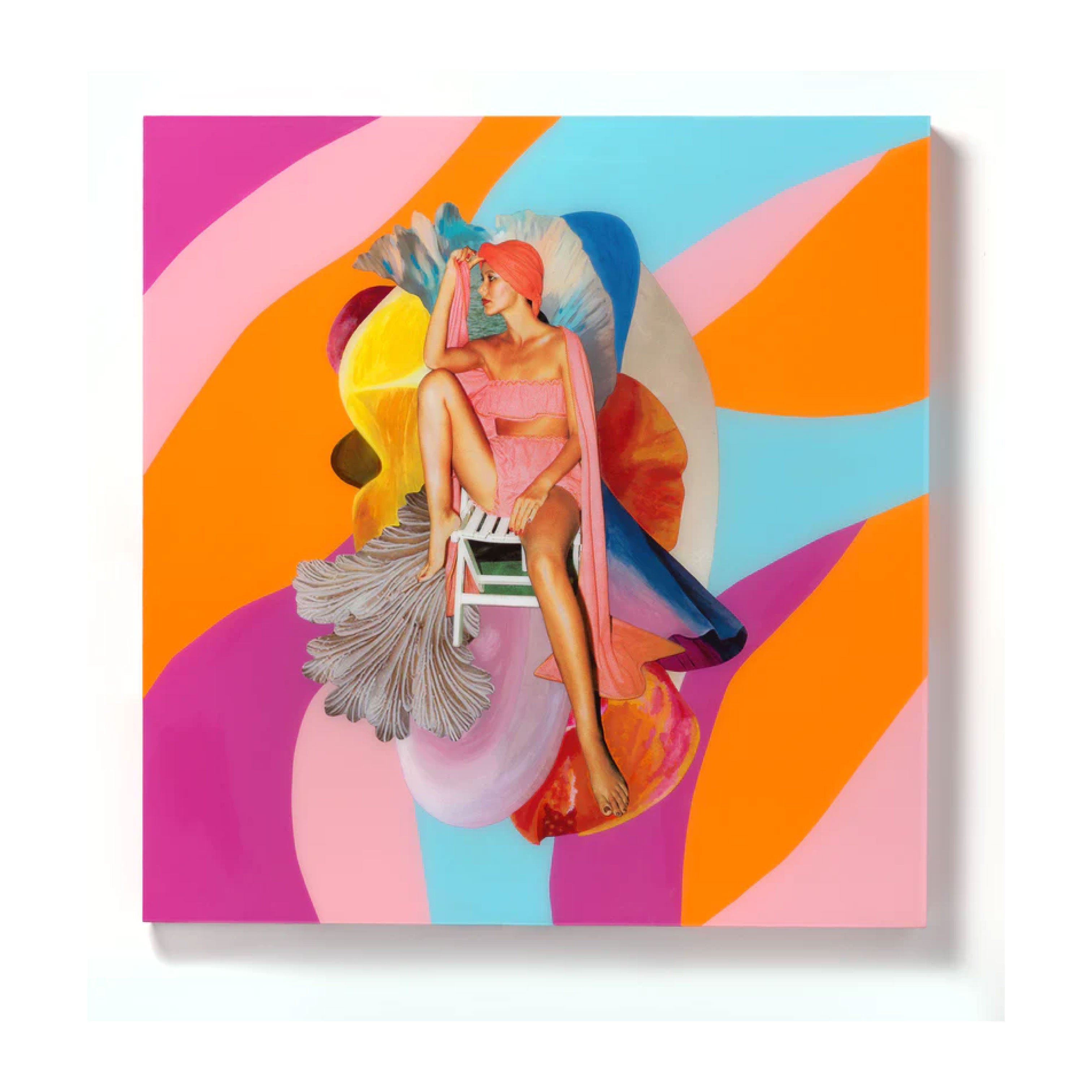 Collage Experimental Mixed Media Painting 'FINS LIKE PETALS' - Acrylic paint, analog collage, and resin on custom wooden panel Lindsey Price