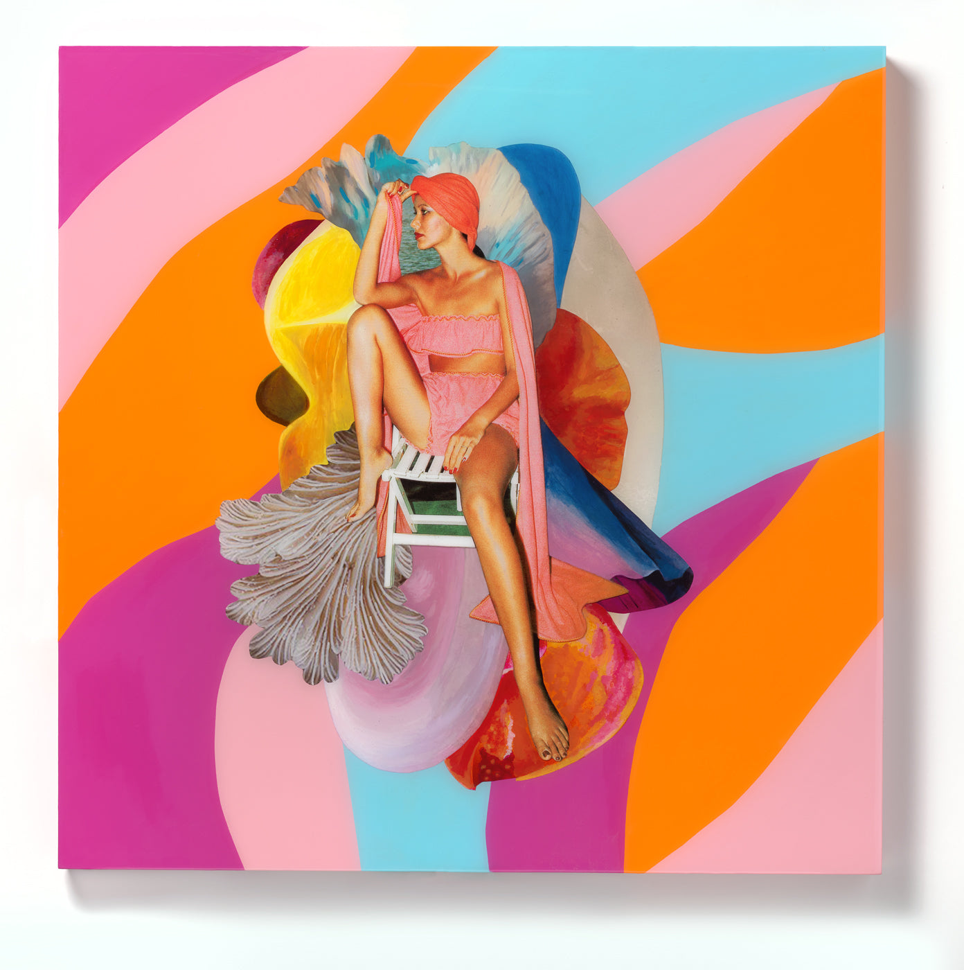 Collage Experimental Mixed Media Painting 'FINS LIKE PETALS' - Acrylic paint, analog collage, and resin on custom wooden panel Lindsey Price