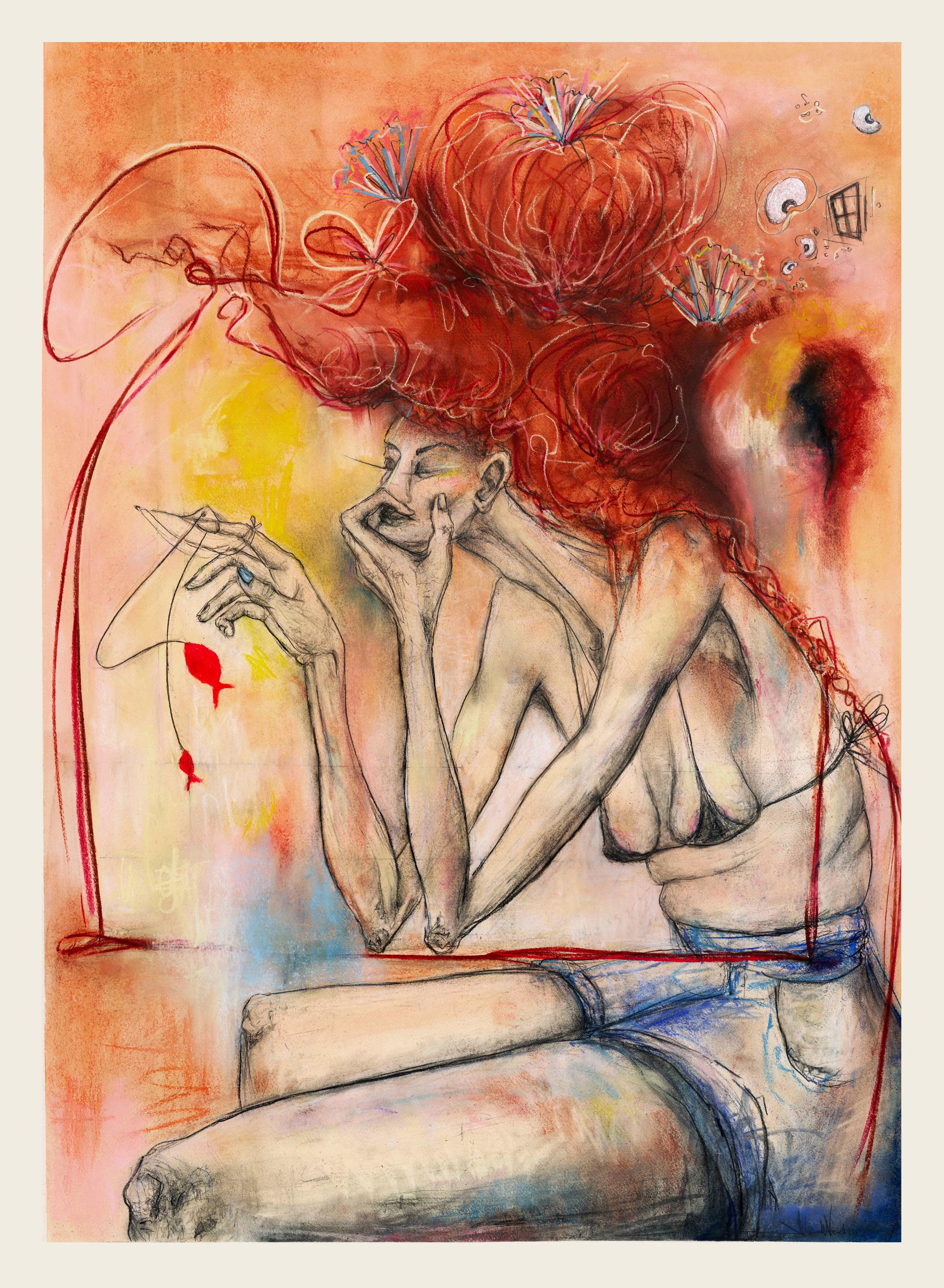 Contemporary Drawing Figurative Surrealism 'INN[T]ERMISSION 04' - Soft Pastel and Graphite on Paper Milan DelVecchio