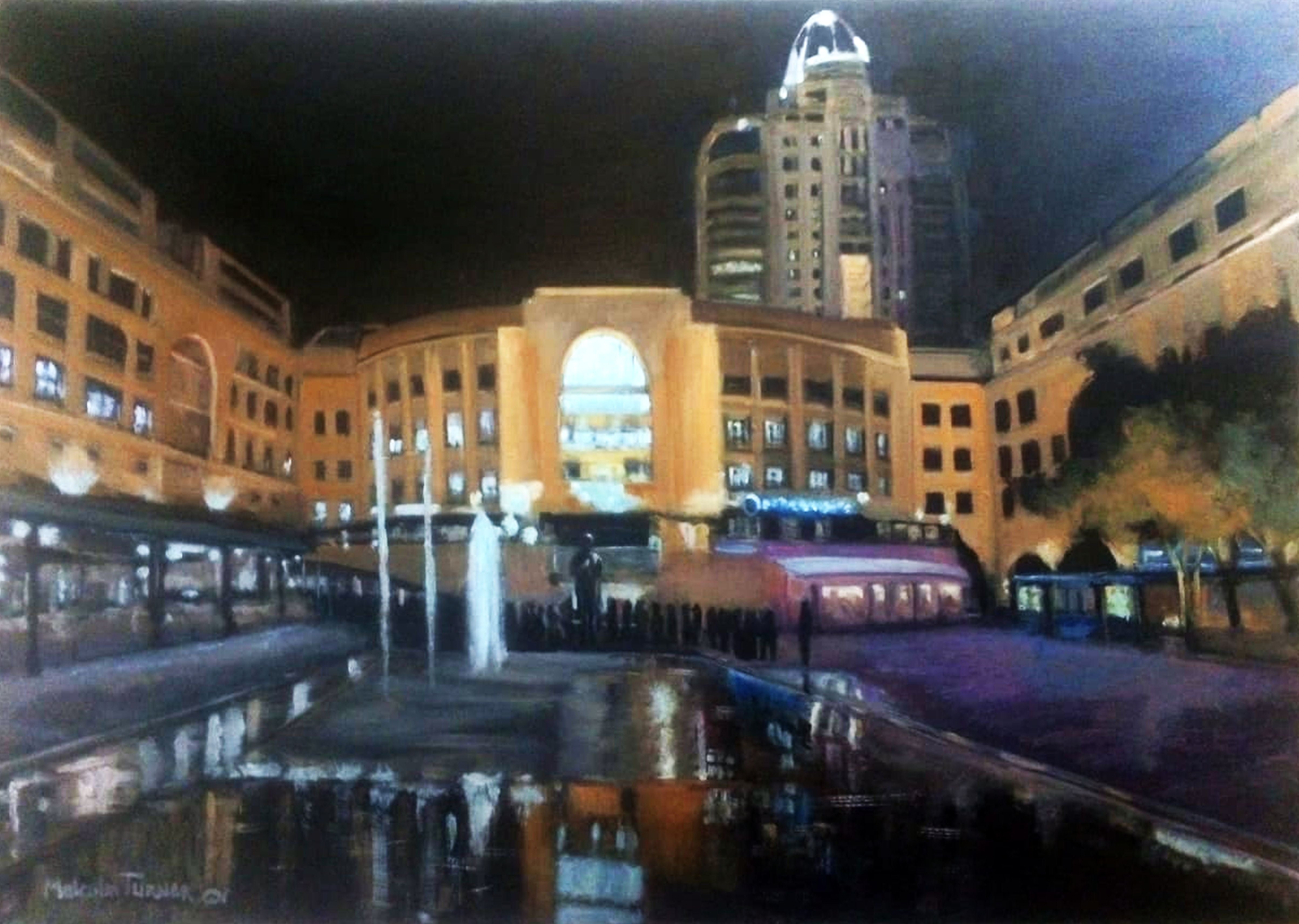 Figurative 'NELSON MANDELA SQUARE AT NIGHT' - Oil Painting on Stretched Canvas Malcolm Turner