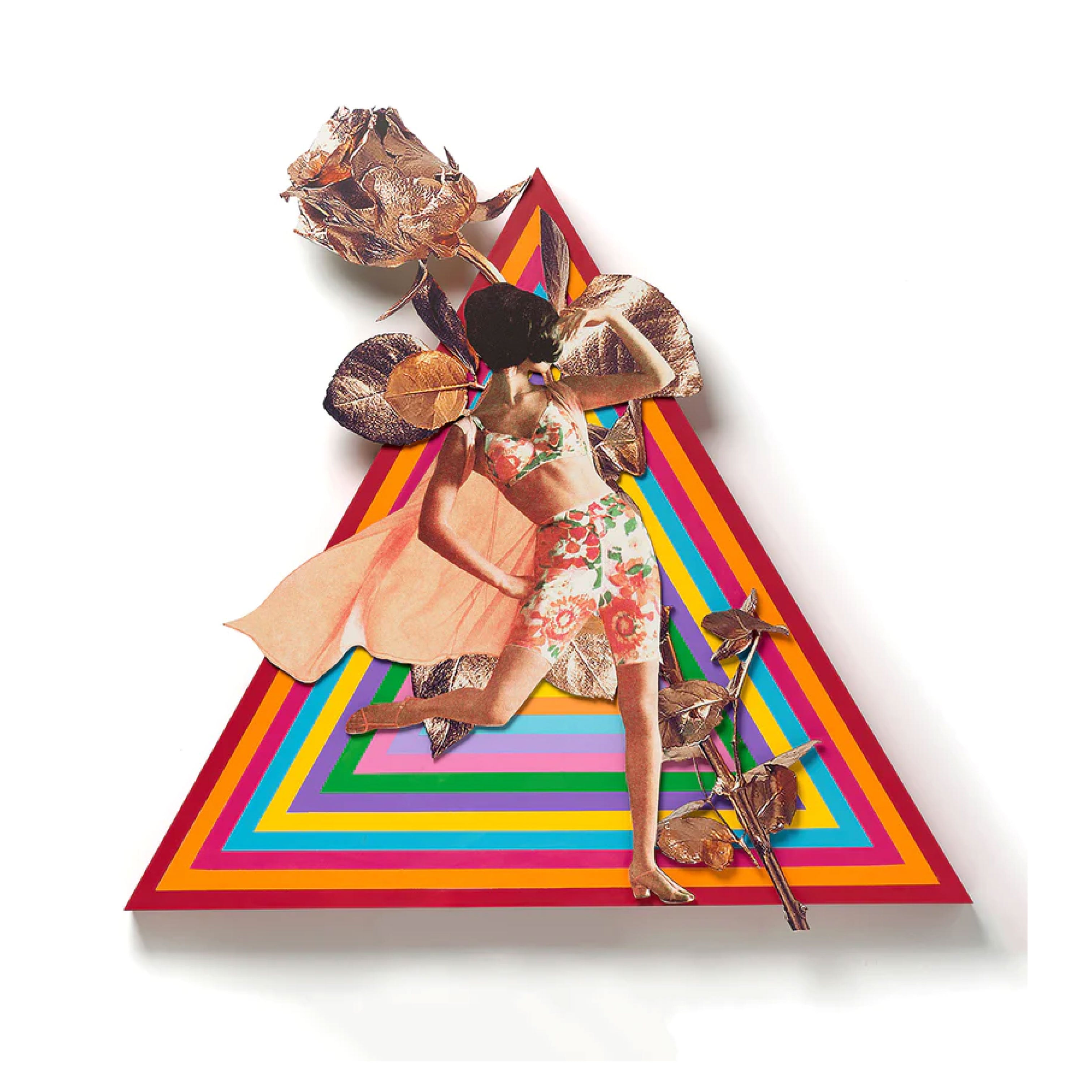 Collage Experimental Mixed Media Painting 'ROSE THE HYPNOTIST' - Acrylic paint and laser-cut plywood on custom cut wooden triangle panel Lindsey Price