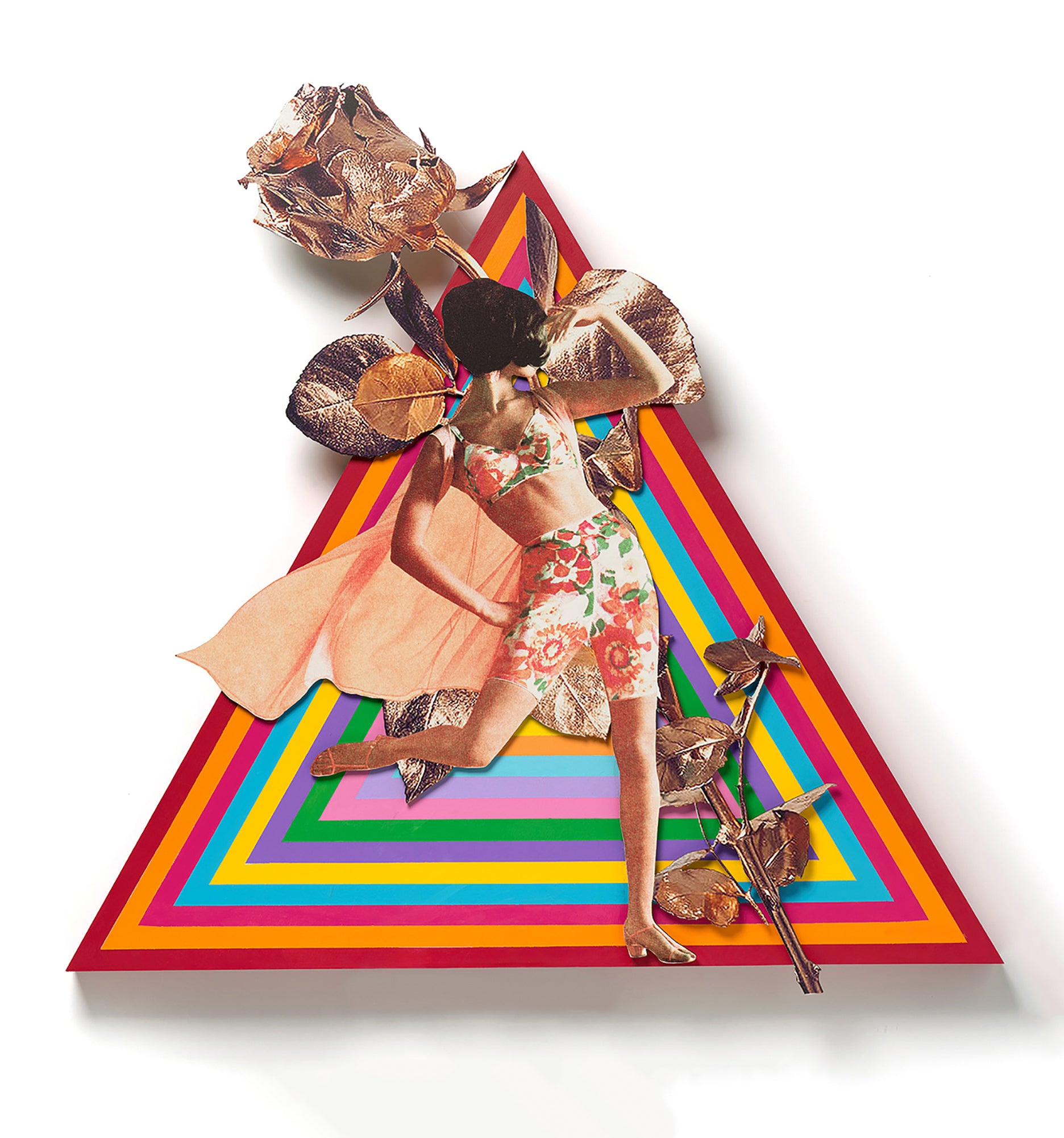 Collage Experimental Mixed Media Painting 'ROSE THE HYPNOTIST' - Acrylic paint and laser-cut plywood on custom cut wooden triangle panel Lindsey Price
