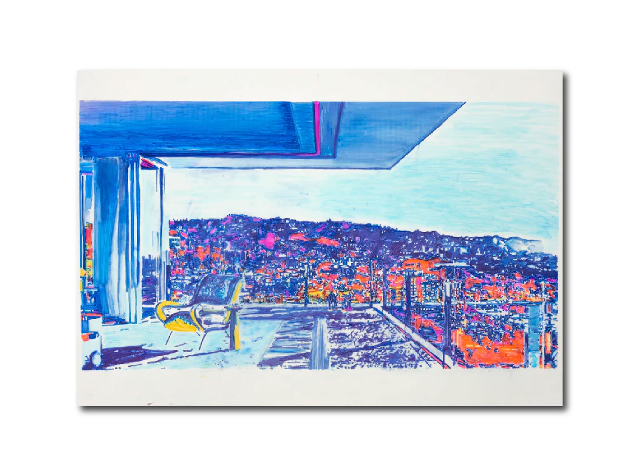 Abstract Contemporary Digital Figurative Psychedelic Surrealism 'ONELA (ROOF DECK WITH CHAIR AND HILLS)' Michael Shaw
