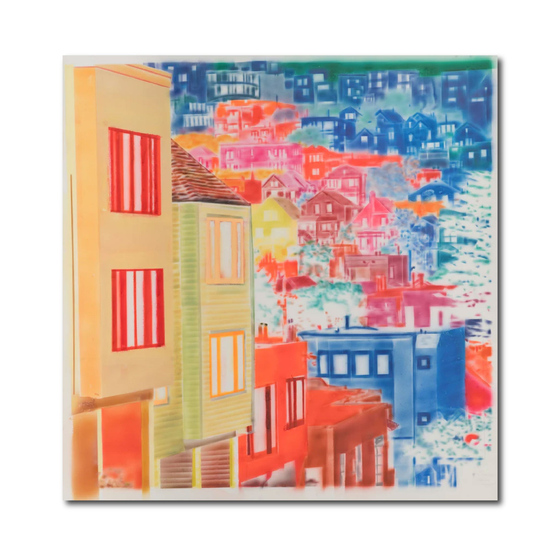 Abstract Contemporary Digital Figurative Psychedelic Surrealism 'HOUSES ON HILL (TRANSPARENCY)' - Acrylic on Drafting Film Michael Shaw