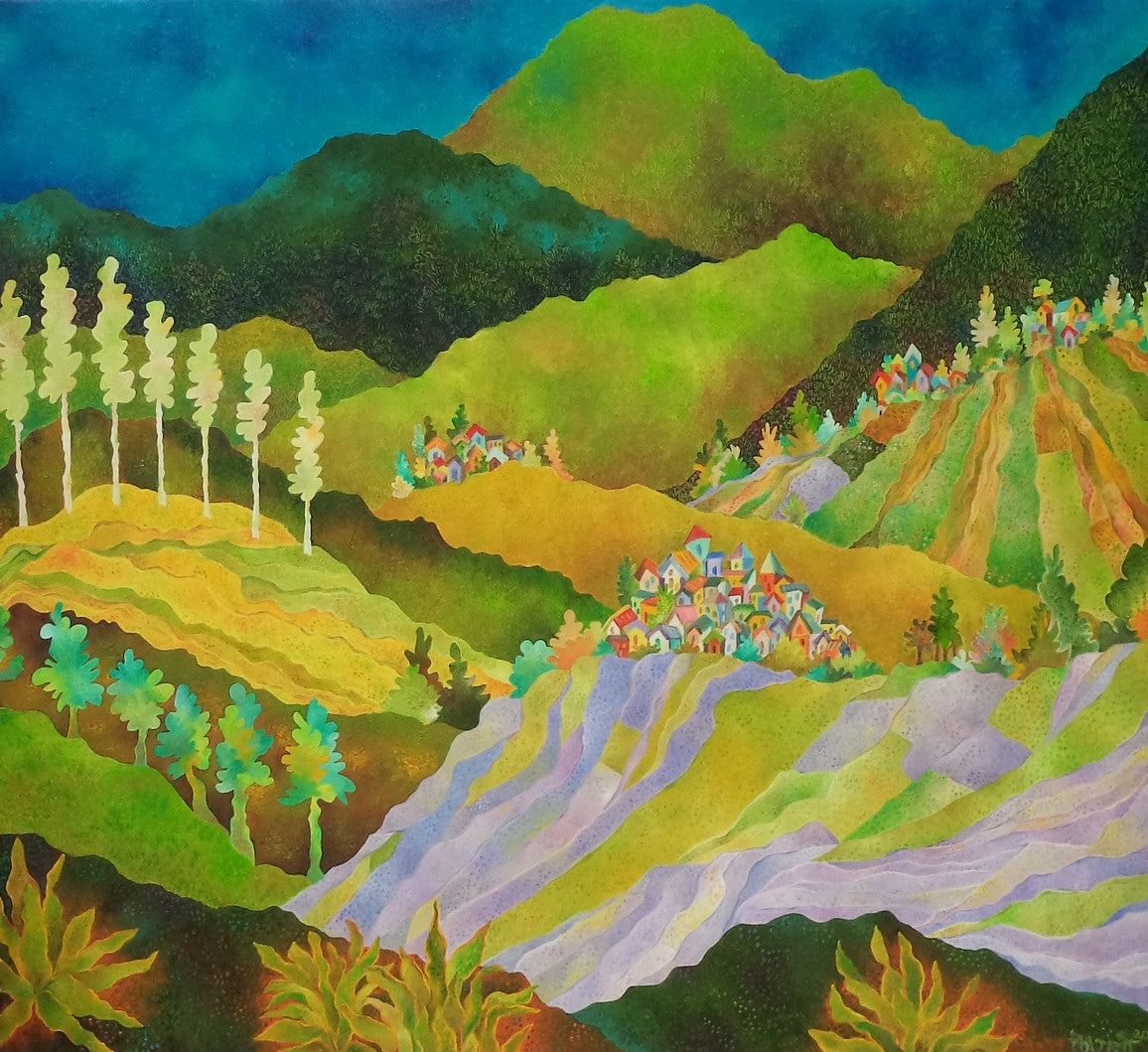 Oil 'LAVENDER AND LEMON GRASS FIELDS' - Oil on canvas Chaitali Chatterjee