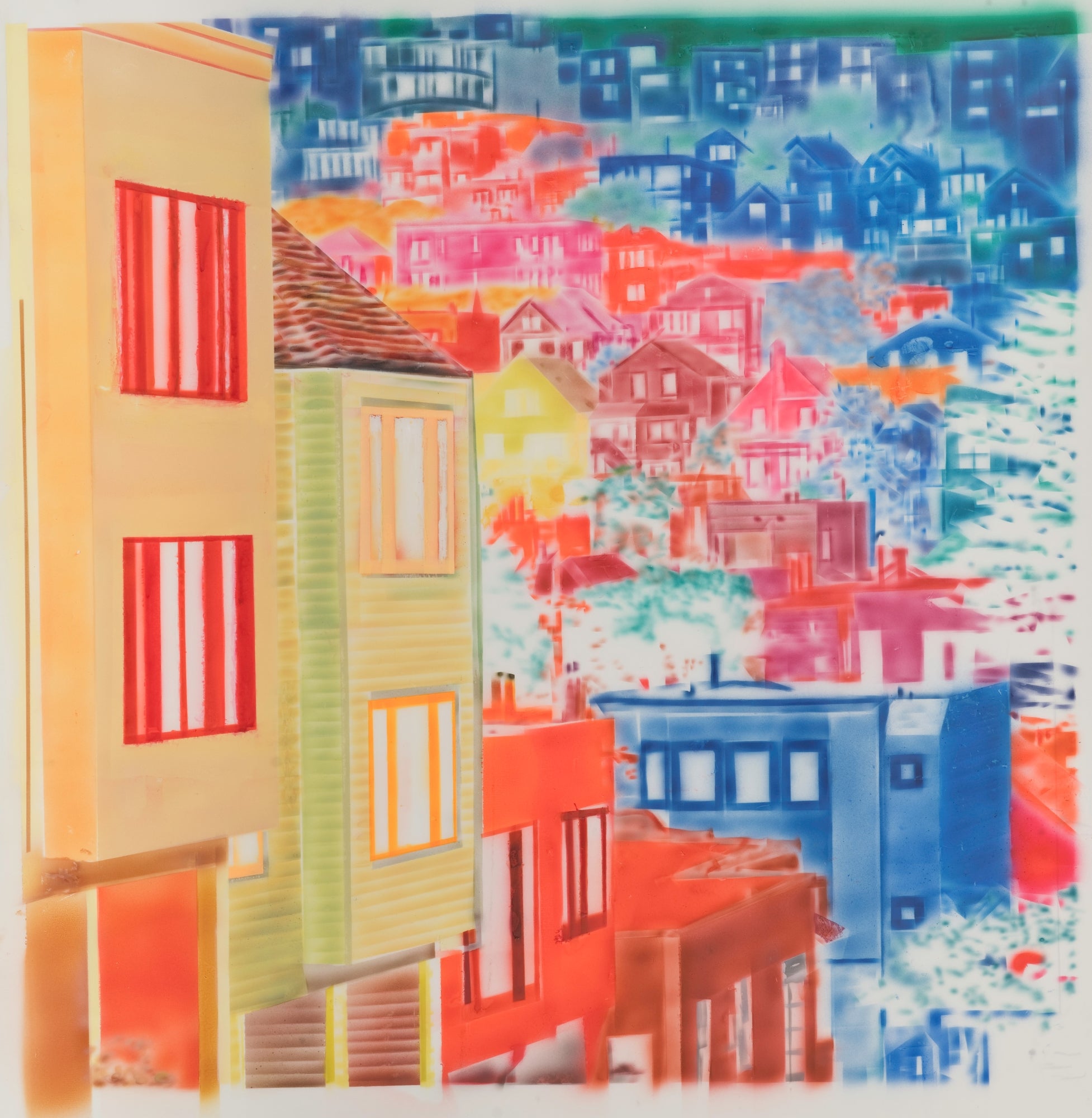 Abstract Contemporary Digital Figurative Psychedelic Surrealism 'HOUSES ON HILL (TRANSPARENCY)' - Acrylic on Drafting Film Michael Shaw